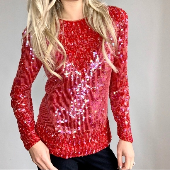 Vintage Tops - Vintage Red Sequin & Beaded Long Sleeve Top Small